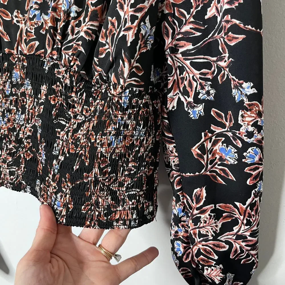 Free People Women's Santiago Top XS Black Floral Print Cropped Smocked OB1047028
